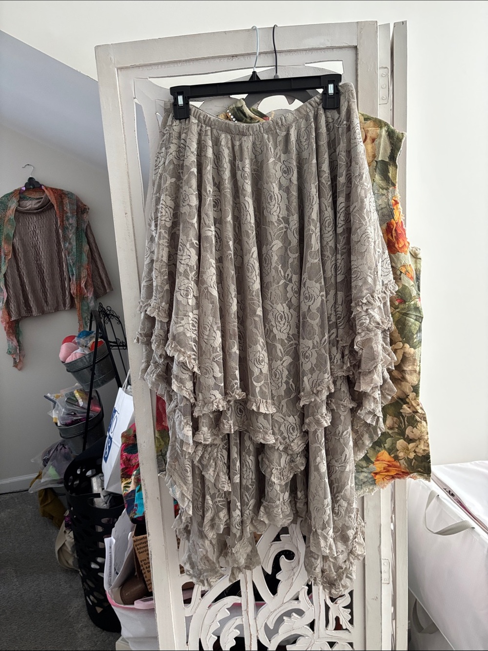 Boho Tiered Lace Maxi Skirt in Taupe